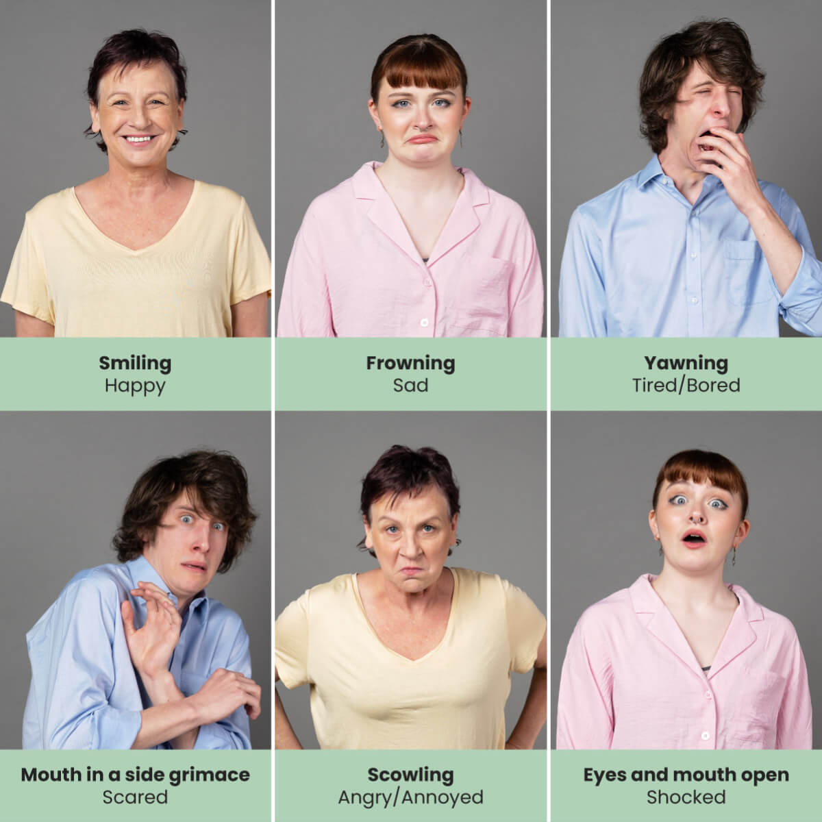 Image grid of the Autistic's Guide talent demonstration different expressions of emotional