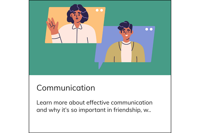 Illustration, title and description for the Communication module of the Autistics' Guide to Adulthood
