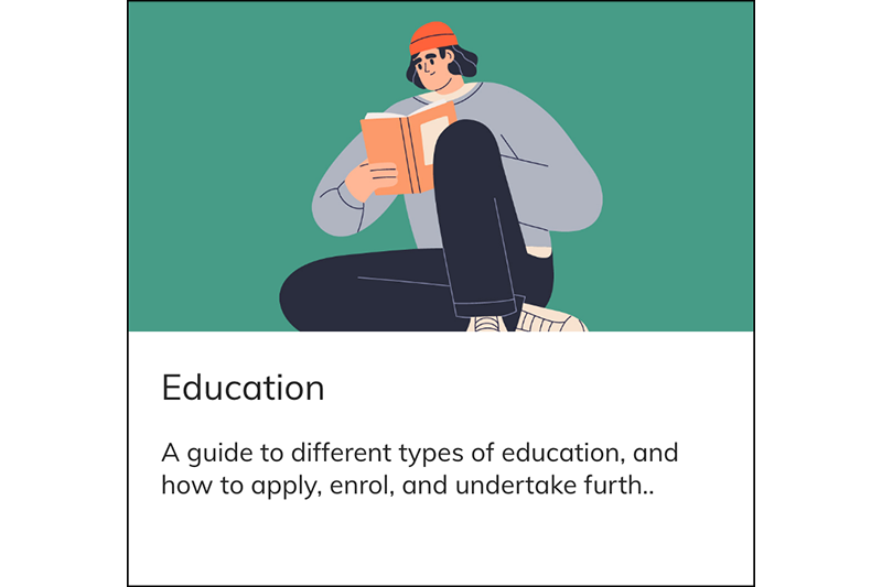Illustration, title and description for the Education module of the Autistics' Guide to Adulthood