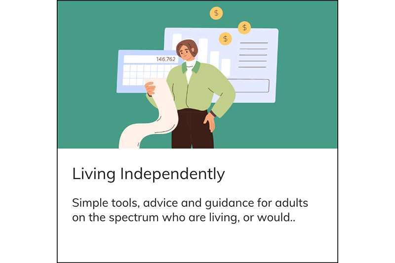 Illustration, title and description for the Living Independently module of the Autistics' Guide to Adulthood