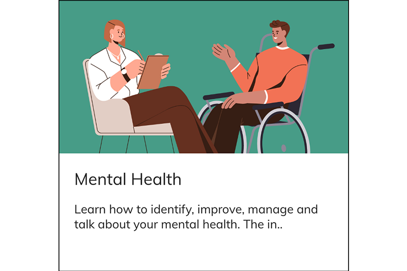 Illustration, title and description for the Mental Health module of the Autistics' Guide to Adulthood