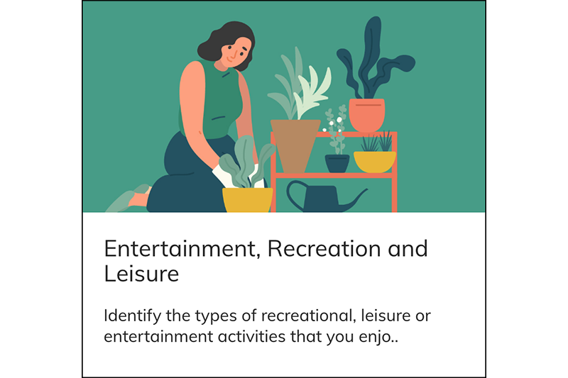 Illustration, title and description for the Entertainment, Recreation, and Leisure module of the Autistics' Guide to Adulthood