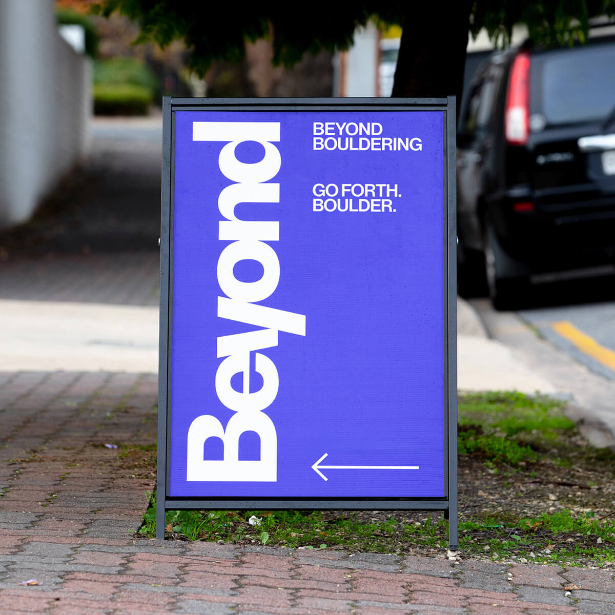 An A-frame sign for Beyond Bouldering