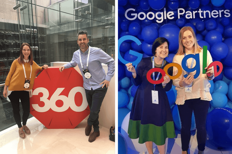 (Left) Will and Olivia Fuller at Mumbrella360, (right) Kate Fuller and Matilda Toepfer holding the Google logo