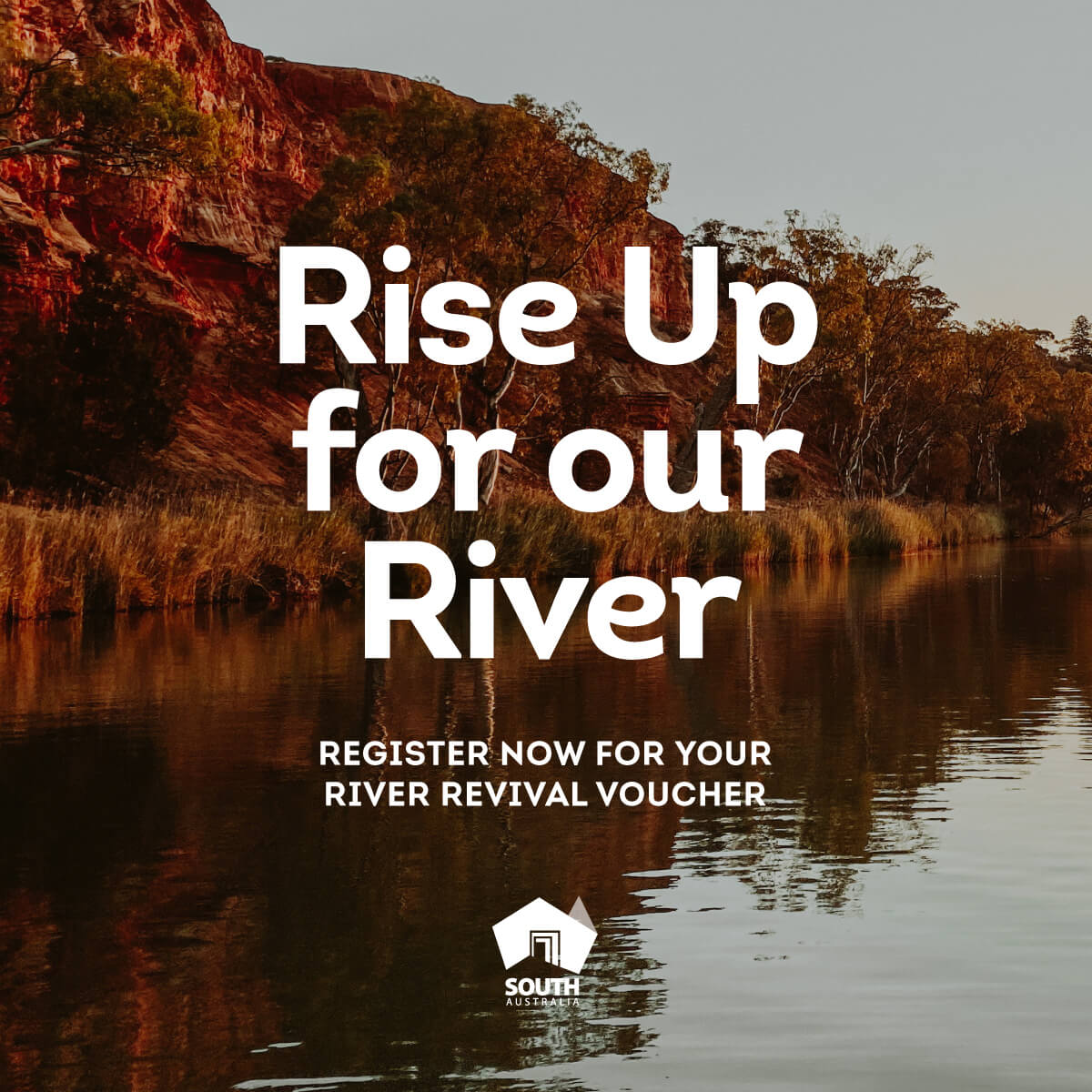 Photo of the river at sunset with the text 'Rise Up for our River' over the top