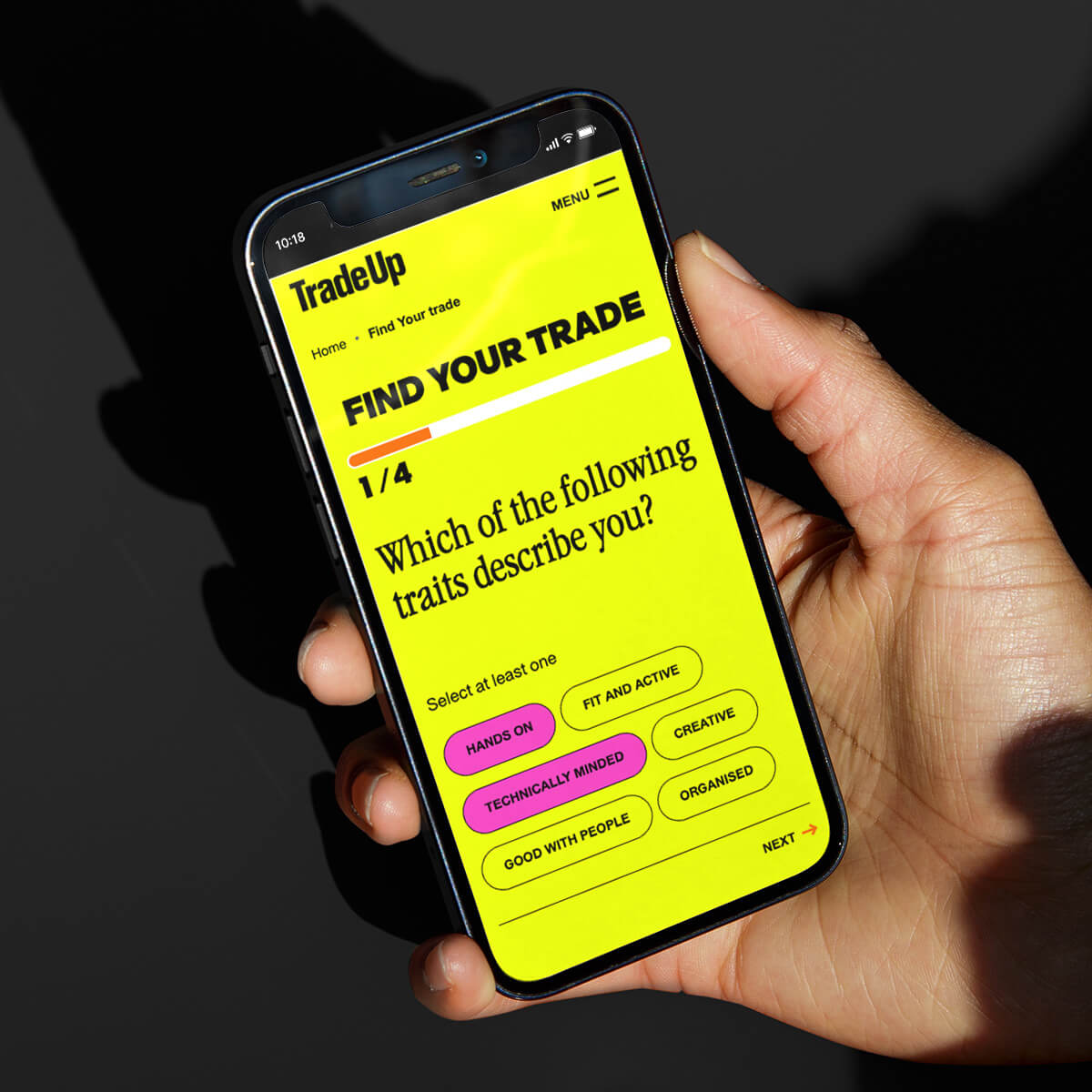 Mobile view of the 'Find Your Trade' quiz on the Trade Up website