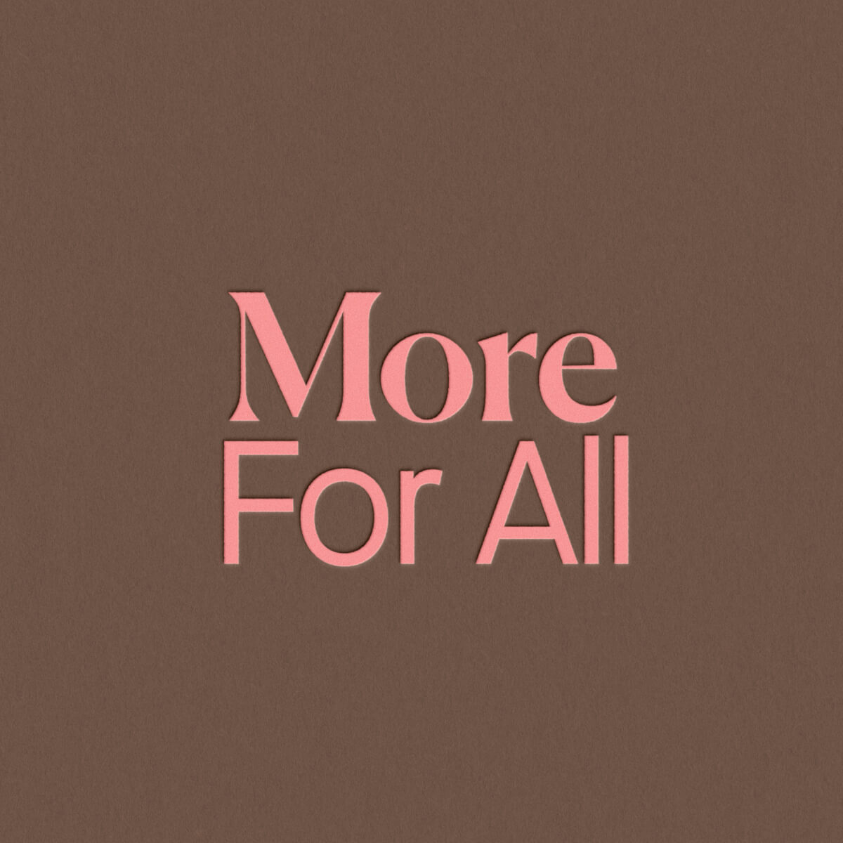 Pink text on brown background reading 'More for All'