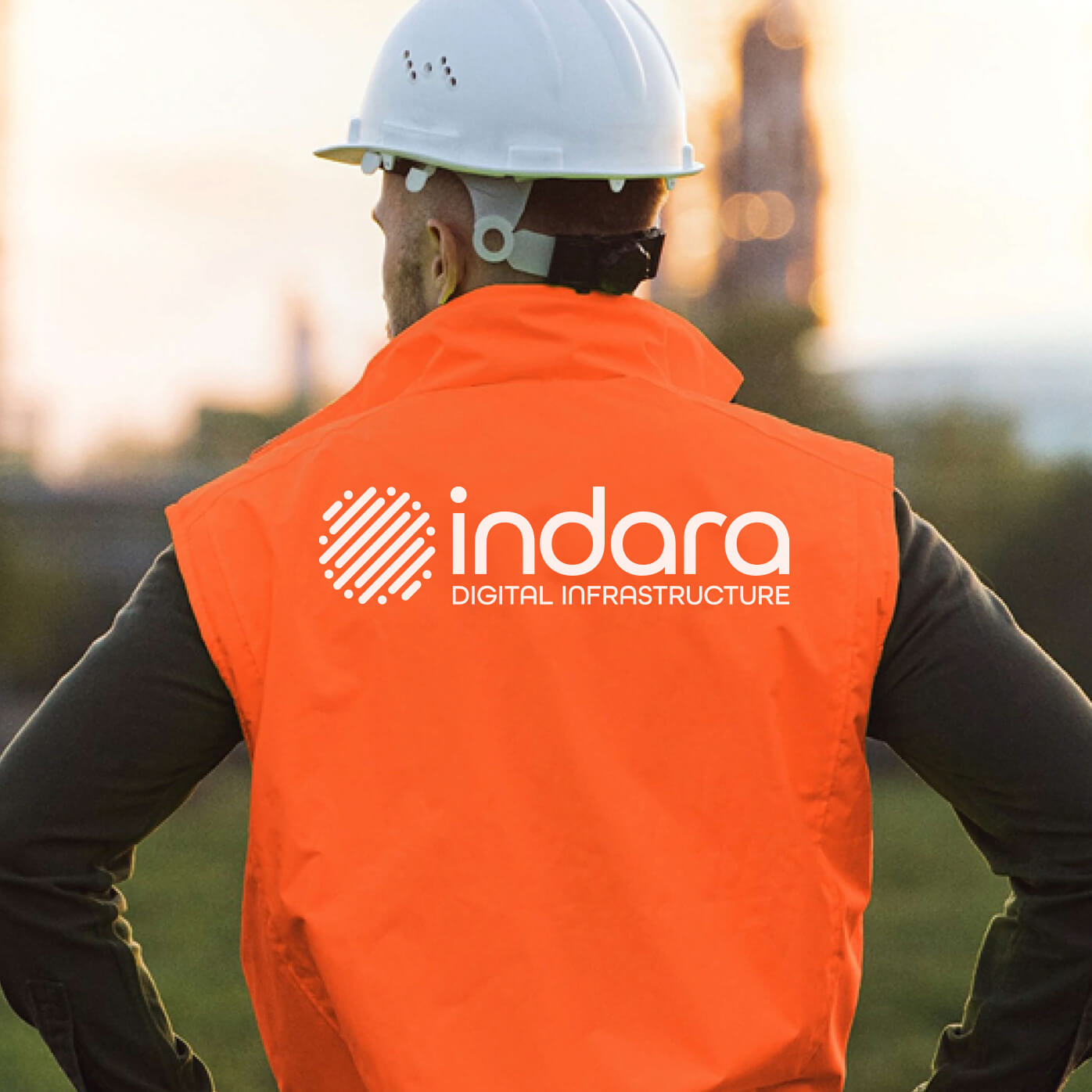 The Indara logo printed on the back of a vest