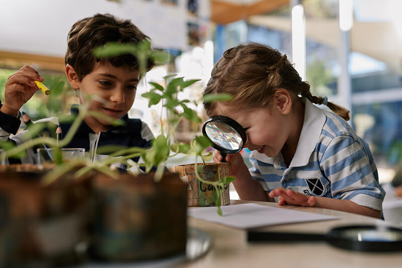 Two early learning students observing plants through a magnifying glass