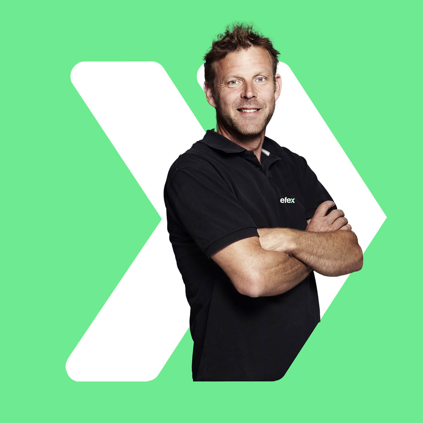 Approachable man in an efex uniform masked within the efex icon shape