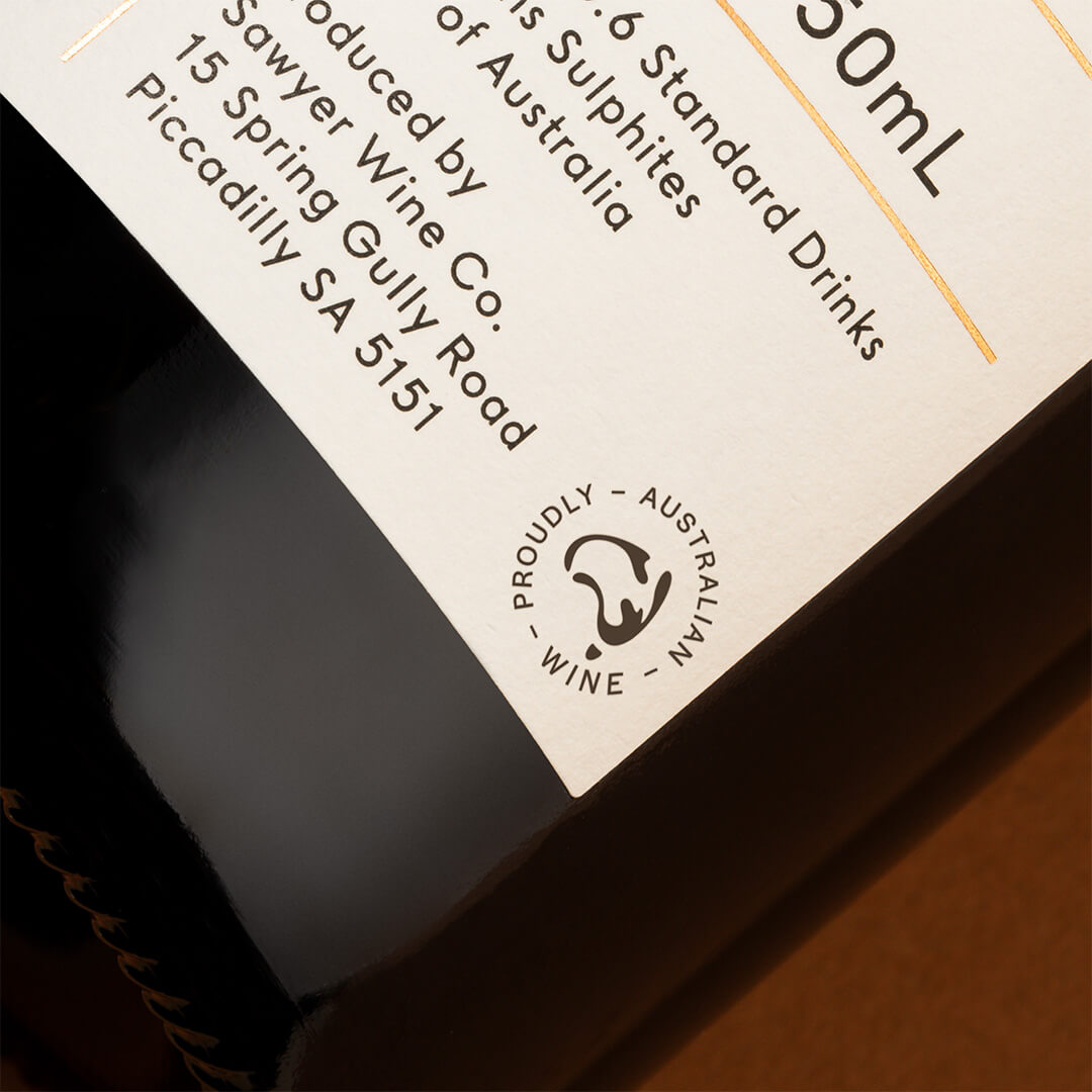 The Wine Australia logo printed in the bottom corner of a wine bottle label