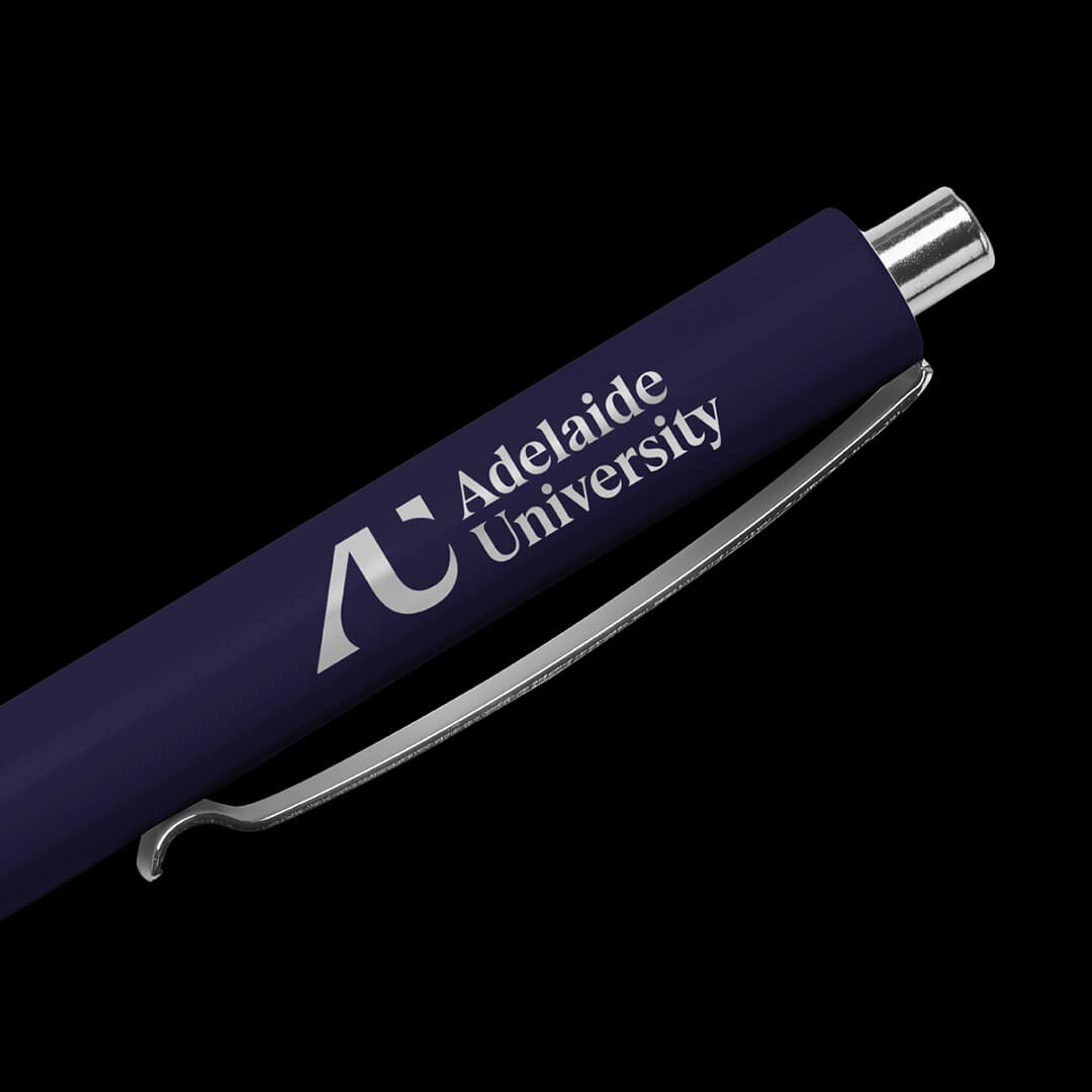 The Adelaide University logo printed on a pen