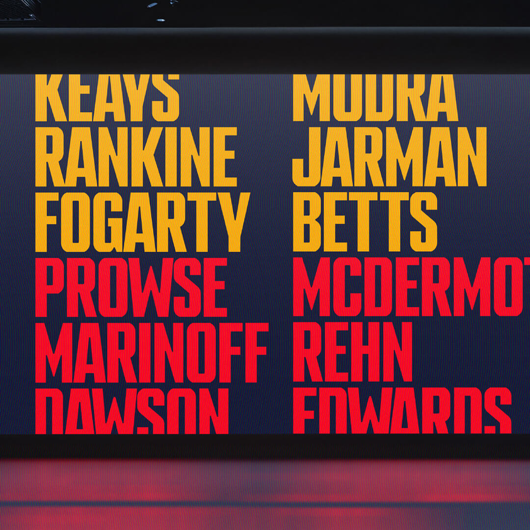 Adelaide Crows player names displayed on a large LED screen in the new typeface