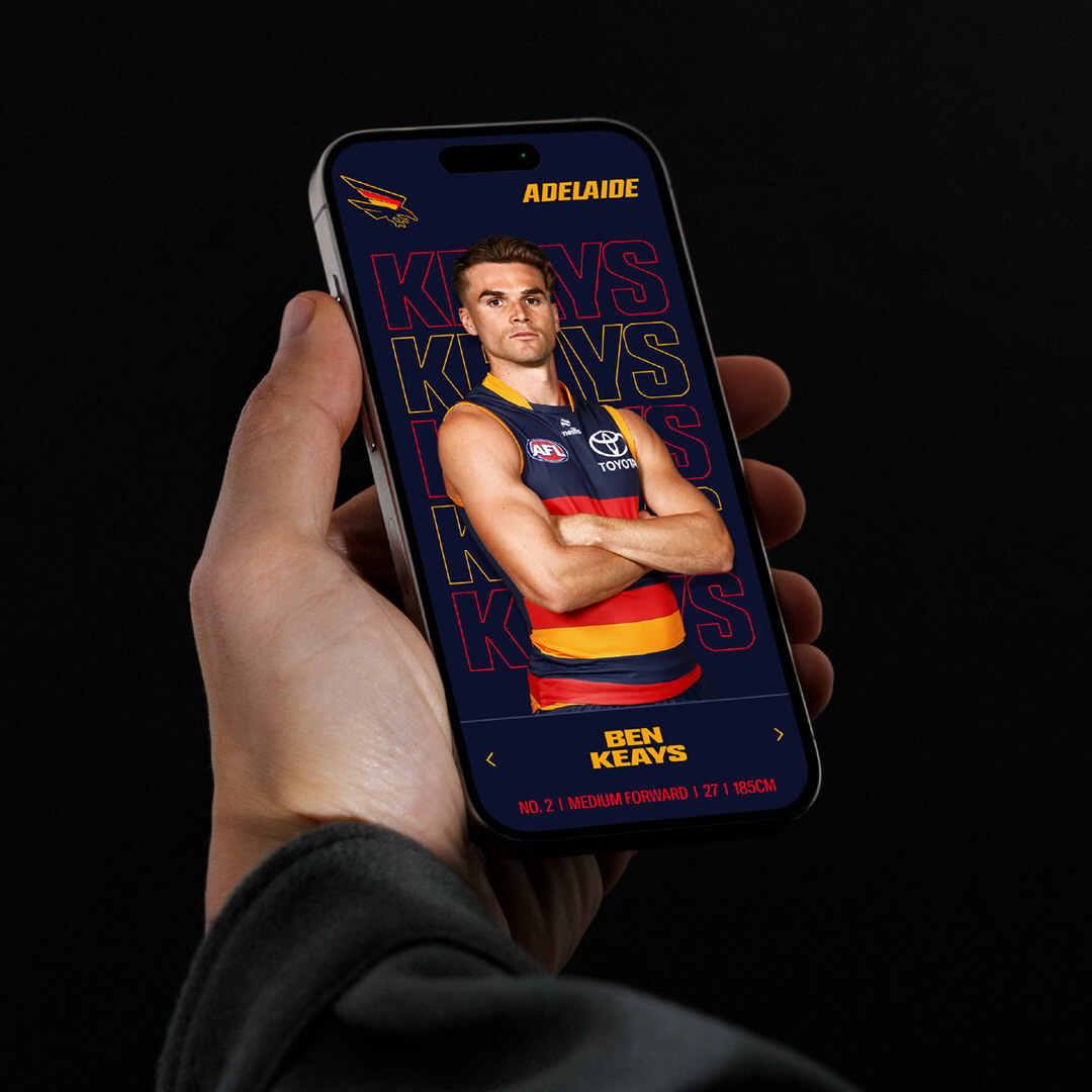 Player profile of Ben Keays with the Adelaide Crows 2024 branding mocked up on a mobile device