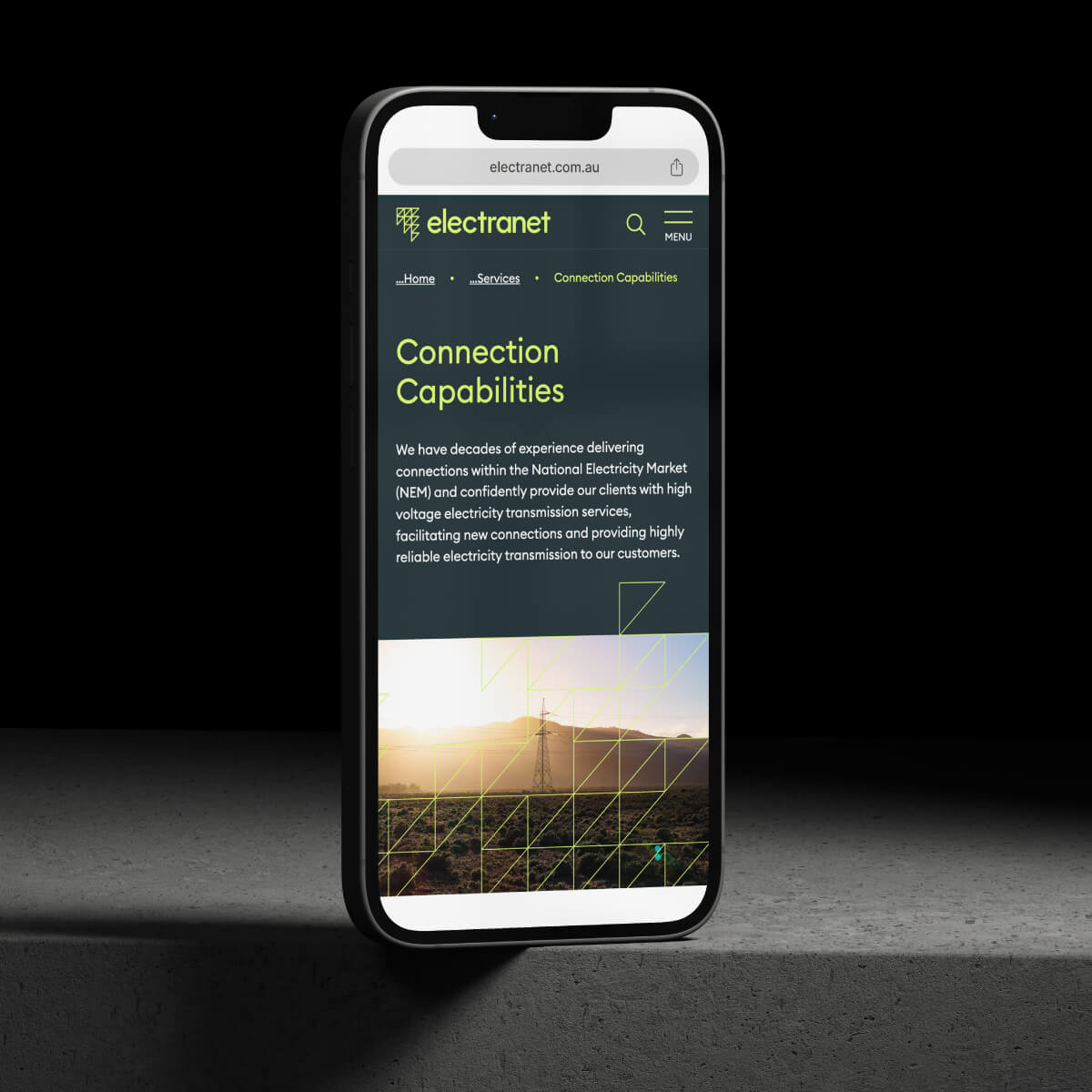 Electranet website mocked up on a mobile device